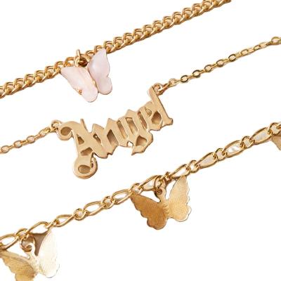 China BOHEMIA Fashion Gold Plated Newest Simple Design 3 Sets Angel Acrylic Butterfly Boho Anklet Multilayer Layered Foot Jewelry for sale