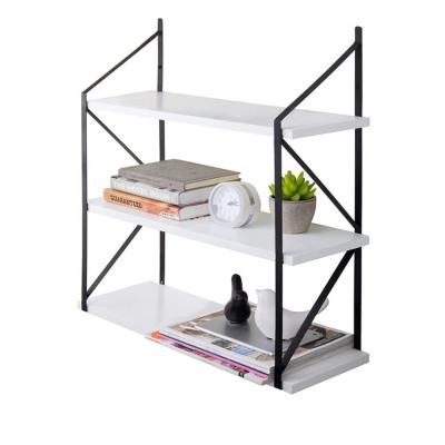 China Modern White Wood 3 Tier Wall Hanging Storage Shelf With Black Metal Brackets Wooden Marble Wall Shelves for sale