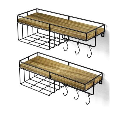 China Wooden Shelf 2 Basket Storage Wall Mount Shelves Floating Wood Set For Wall Storage Shelving Wall Shelf Rustic Wood for sale