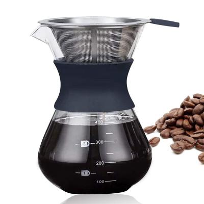 China Newest Reusable Sustainable Uteful Pour Over Coffee Pot Borosilicate Coffee Maker Carafe With Permanent Stainless Steel Filter Set for sale