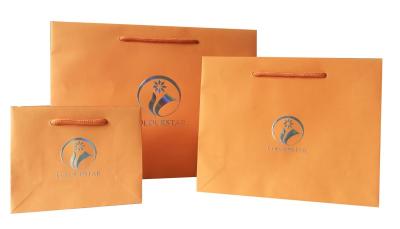 China Orange Personalised Paper Bags / Custom Printed Paper Bags Black Handle for sale