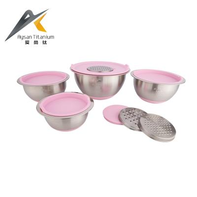 China New Viable Wide Edge Lid PP Silicone Base Salad Stainless Steel Mixing Bowl With Graters for sale