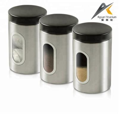 China Sustainable Window And Lid Stainless Steel Black Home Kitchen Canister Set Of 3 With for sale