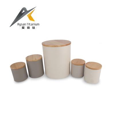 China Sustainable Round Metal Canister Set With Wooden Lid For Kitchen for sale