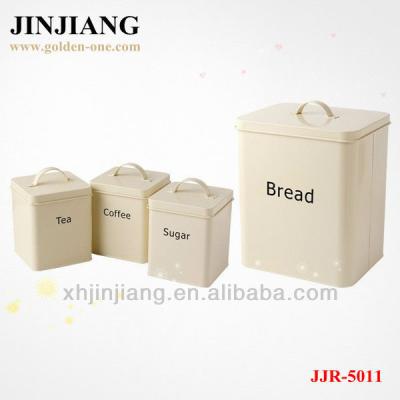 China Sustainable Colorful Spray 4PCS Square Iron Storage Set Bread Bin Tea Coffee Sugar Jars for sale