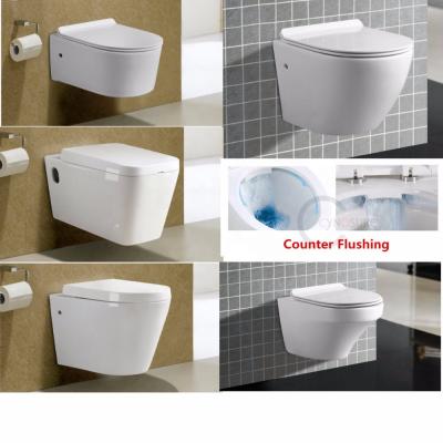 China Cheap Wall Mounted Toilet Price Automatic Operation Bathroom Ceramic Wall Hung Toilet Rimless for sale