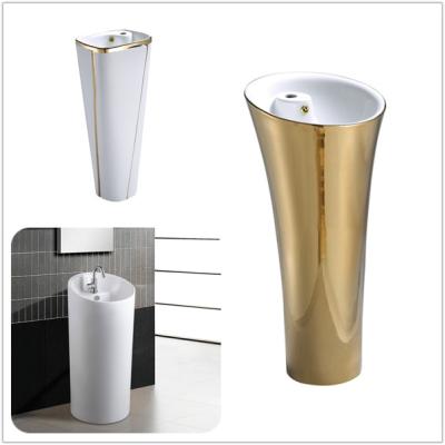 China Eco-friendly Sink Basins Eco-friendly Unique Fancy Gold Bathroom Pedestal Floor Standing Hand Wash Basins Bathroom Sink Price for sale