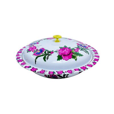 China Viable Round Shape Metal Serving Tray White Background With Beautiful Flower In Color Serving Dish Set Metal Tray Set Islam Pink Basin for sale