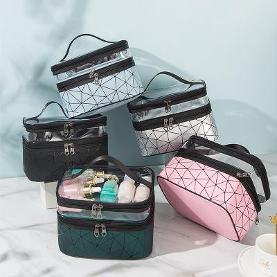 China Fashion Double Layers Transparent Travel Toiletry Make Up Bag Customized Makeup Bag Portable Clear Cosmetic Bag With Makeup Brush Holder for sale