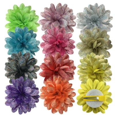 China Fashion 8cm Handmade Shiny Fabric Flower Chiffon Flower With Clips For Women Girls Kids Hair Accessories Headwear Headdress for sale