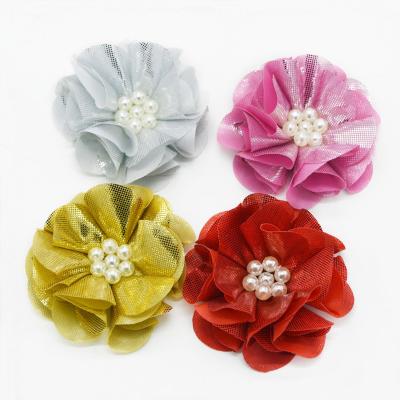 China New eco-friendly shinny metallic center rhinestone flower satin crystal crystal fabric hair flower for sale