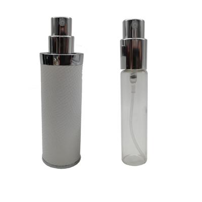 China Lurury Customize Various Logos Travel Portable Custom Aluminum PU Spray Bottle Magnetic Empty Sprayer Cover White/Black Leather for sale