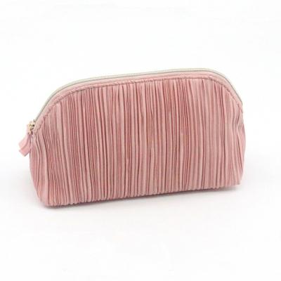 China Lady Eco Product Girlish Pink rPET Pleated Recycled Washable Cosmetic Bag Fashion Polyester Pin Tuck Makeup Bag Eco-Friendly for sale