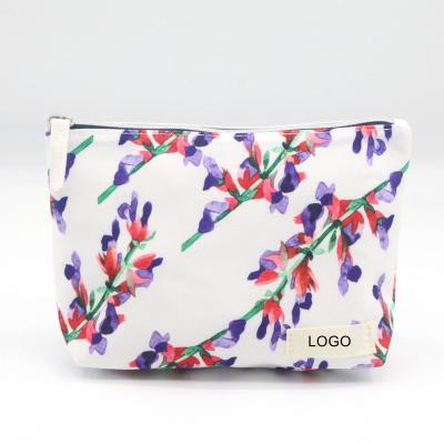 China Popular Fashion Eco-friendly rPET Cosmetic Bag White Ground Makeup Polyester Flower Pattern Floral Printing Pouch Recycled Cosmetic Bag for sale