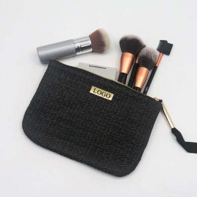 China Fashionable Eco-Friendly 2022 Paper Straw Beauty Pouch Classic Square Shape Black Natural Straw Flat Makeup Pouch for sale