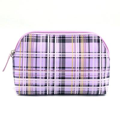 China 2022 New Product Eco PU Makeup Bag Vintage Style Water Based Plaid Pattern Attractive Purple Waterproof PU Women Cosmetic Bag for sale