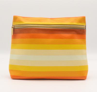 China Makeup Bag Striped Pattern Bohemian Colorful Orange Shades Soft PU Water Based Cosmetic Bag for sale