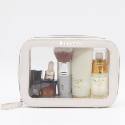 China Normcore/Minimalist Current Transparent Clear Zipper Makeup Bag With White Border Color Handle PU Waterproof Cosmetic Bag Set Water Based for sale