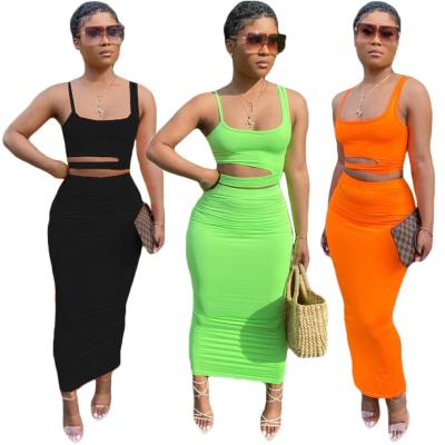 China New Women's Anti-pilling Solid Color Casual Elegant Hollow Plus Size Tank Skirt Set 2 Piece Long Skirt Set for sale