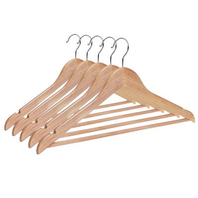 China Multifunctional Cheap Hanger Natural Wood Color Curved Shape Wooden Hanger With Non Slip Round Bar for sale