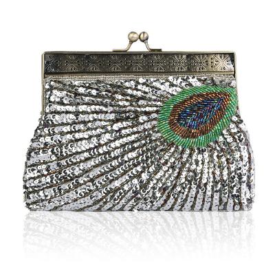 China Hot sale fashion boutique design retro pearl embroidery peacock pearl embroidery hot sale glitter banquet evening clutches opening clutch for sale