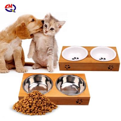 China Sustainable Stainless Steel Portable Pet Cat Or Dog Ceramic Bowl Double Bowls With Bamboo Stand for sale