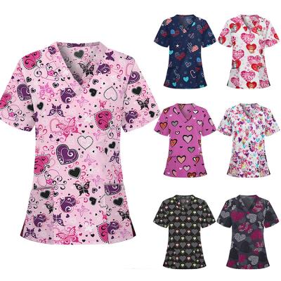 China Plus Size Short Sleeve 10 Colors Printing Hospital Nurseing Medical Uniforms Breathable Scrub Top for sale