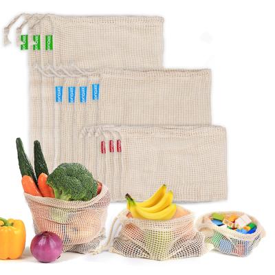 China Sustainable Vegetable Fruit 3pcs Packaging Bags Reusable Cotton Mesh Drawstring Bag Storage Bag for sale