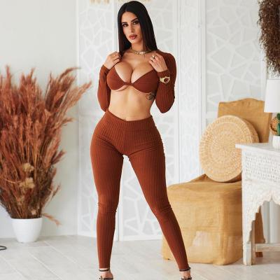 China X21ST685 sexy QUICK DRY women crop outfits collarless solid color sheath long high waist women pants two piece set for sale