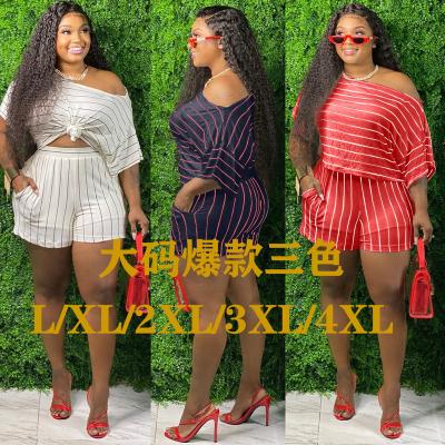 China Anti-wrinkle Shorts Two Piece Suit Plus Size Fashion Striped Two Piece Shorts Solid Color Suit Women's Sports Shorts Casual Two Piece Set for sale