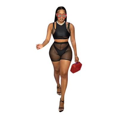 China New Fashion K22ST249 Mesh Two Piece Set O Neck Sleeveless Top Transparent Crop Women's Two Piece Pants Set 2022 Hot for sale