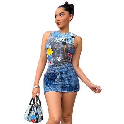 China QUICK DRY K22S15865 summer denim fabric tank top skirt two pieces outfits street women casual matching sets for sale