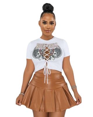 China 2022 New Arrivals QUICK DRY Hollow Out Casual Crop Top Print Plus Size Women PU Leather Mini Skirt Short Dress 2 Two Piece Set for sale