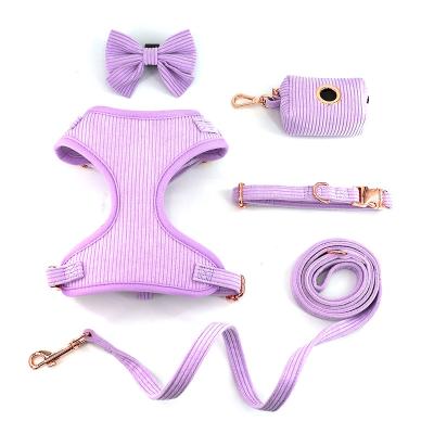 China Pet Accessories Padded Dog Leash Set Corduroy Fabric Dog Collar Color Dog Harness Custom Leash Bowtie Whole Suit for sale