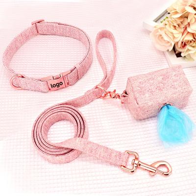 China Quick Release Rose Gold Metal Buckle Tweed Dog Collar with Matching Leash Dog Poop Bag Holder for sale