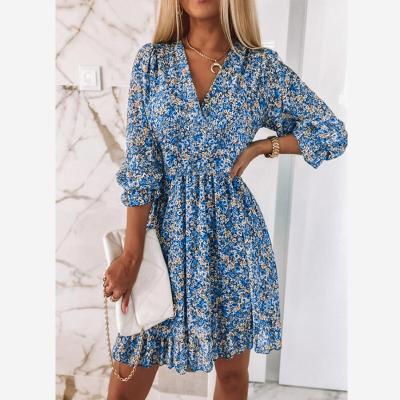 China Fashion Anti-Static Sweater Printed Floral Mid Waist Half Sleeve Bubble Sleeve V-Neck Dress for sale