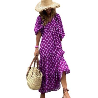 China Hot Selling Geometric Pattern Anti-static Printing Bubble Sleeve V-Neckline Plus Size Women Chiffon Dress for sale