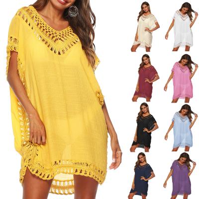 China Factory Price Solid Color V-Neck Cavity Casual Sexy Anti-Static Loose Blouse Beach Short Dress for sale