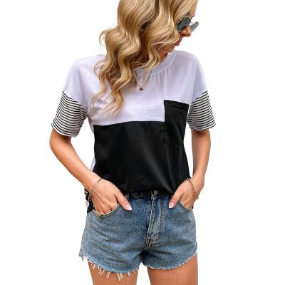 China 2022 Summer Casual Loose Top Round Neck Anti-Wrinkle Quilting Striped Short-sleeved T-shirt for sale