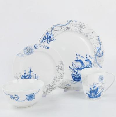 China New Viable Elegant Bone China Dinnerware Sets With Blue Sailboat Design for sale