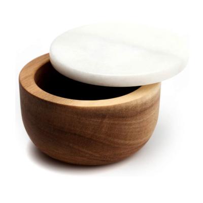 China Acacia Solid Natural Base Keeper Seasonings Spice Box Salt Wooden Acacia White Marble Lid for sale