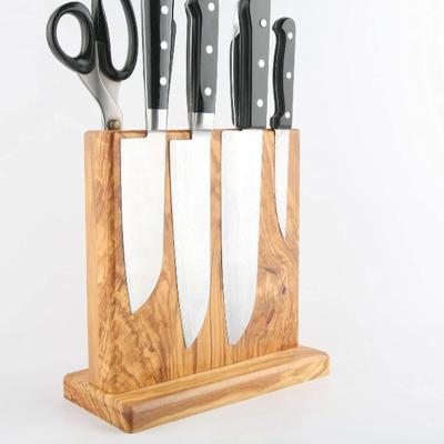 China Olive Wood Magnetic Knife Block workable with strong magnets, double side cutlery display and storage rack for sale