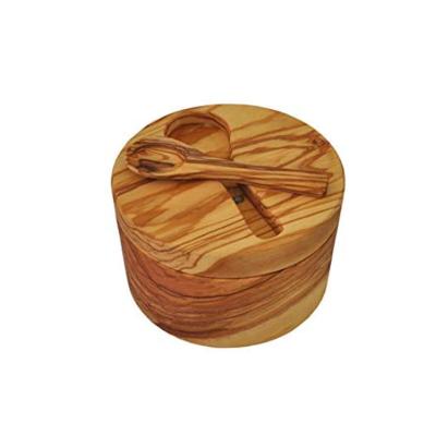 China Viable Olive Wood Salt Cellar With Inset Spoon, Olive Wood Salt Jar Seasoning Box for sale