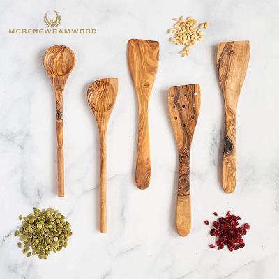 China Factory outlet viable long handle spatula and wooden spoon, Olive Wood Utensil Set 5 pieces for sale