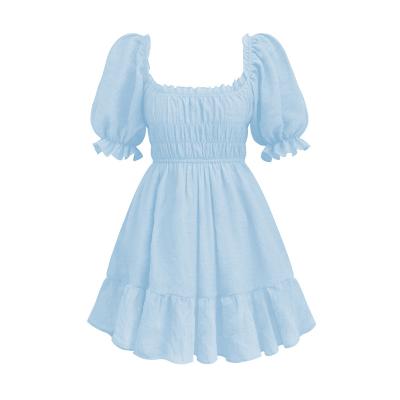 China European and American new fashion simple color anti-static women's dress square neck pleated short lantern sleeve dress summer princess Dress for sale