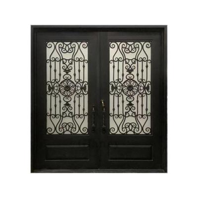 China Exterior Luxury Modern Design Rustic Steel Pattern Wrought Iron Security Glass Front Entry Door for sale