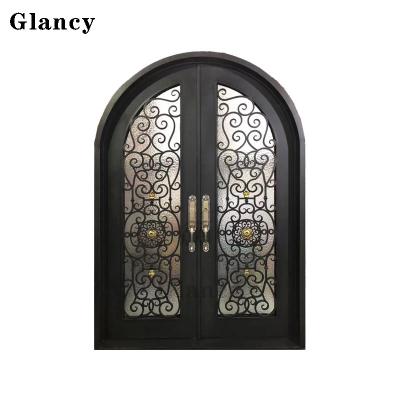 China China Modern Luxury Wrought Iron Glass Door Cast Grill Luxury Exterior Designs Iron Security Doors for sale