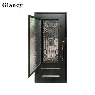 China Customized Double Iron Security House Exterior Black Glass Main Door Design Customized Insulated Double Door for sale