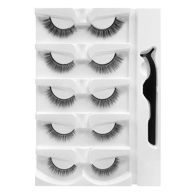 China Natural curling 5 pairs eyelashes with a tweezer set box. Fast wearing, glue free, hot false eyelashes are naturally soft eyelash set for sale