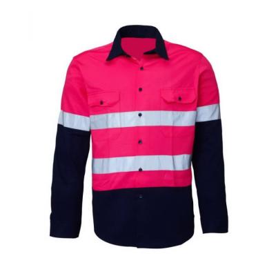 China Hot Sale High Visibility 100% Cotton Drill Pink/Navy Two Tone Hi Vis Long Sleeve Safety Work Reflective Shirt for sale